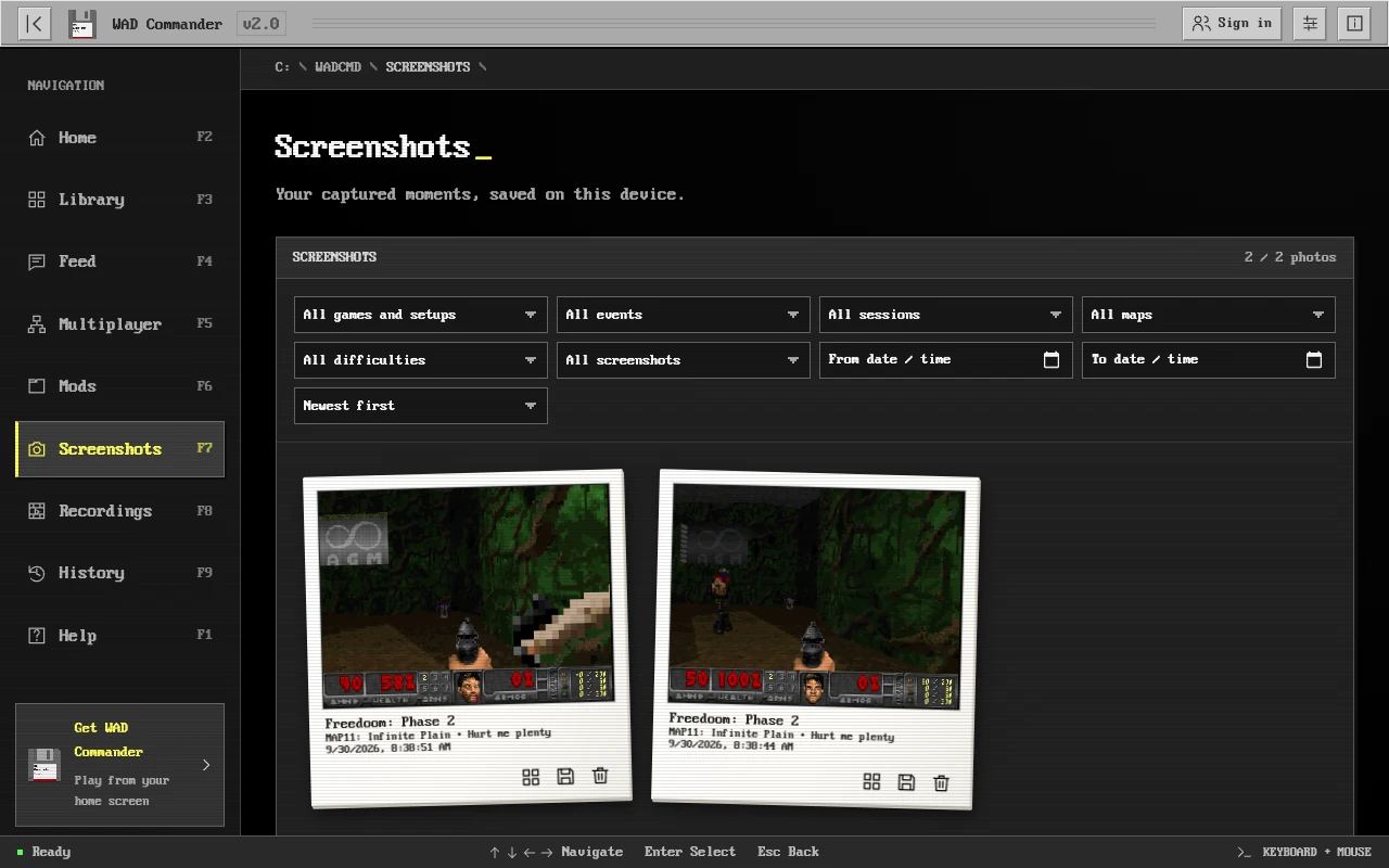 WAD Commander's screenshot gallery, with captured moments displayed as instant photos